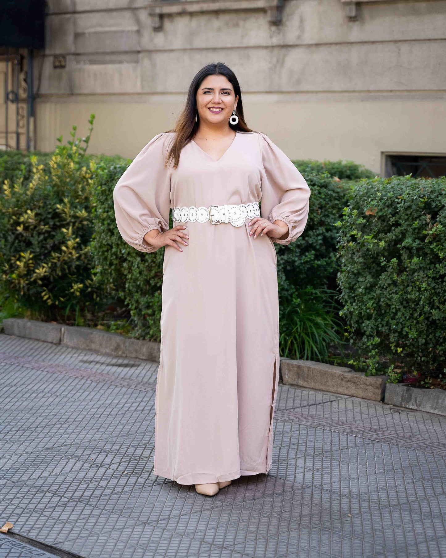 Maxivestido Manga Globo Beige