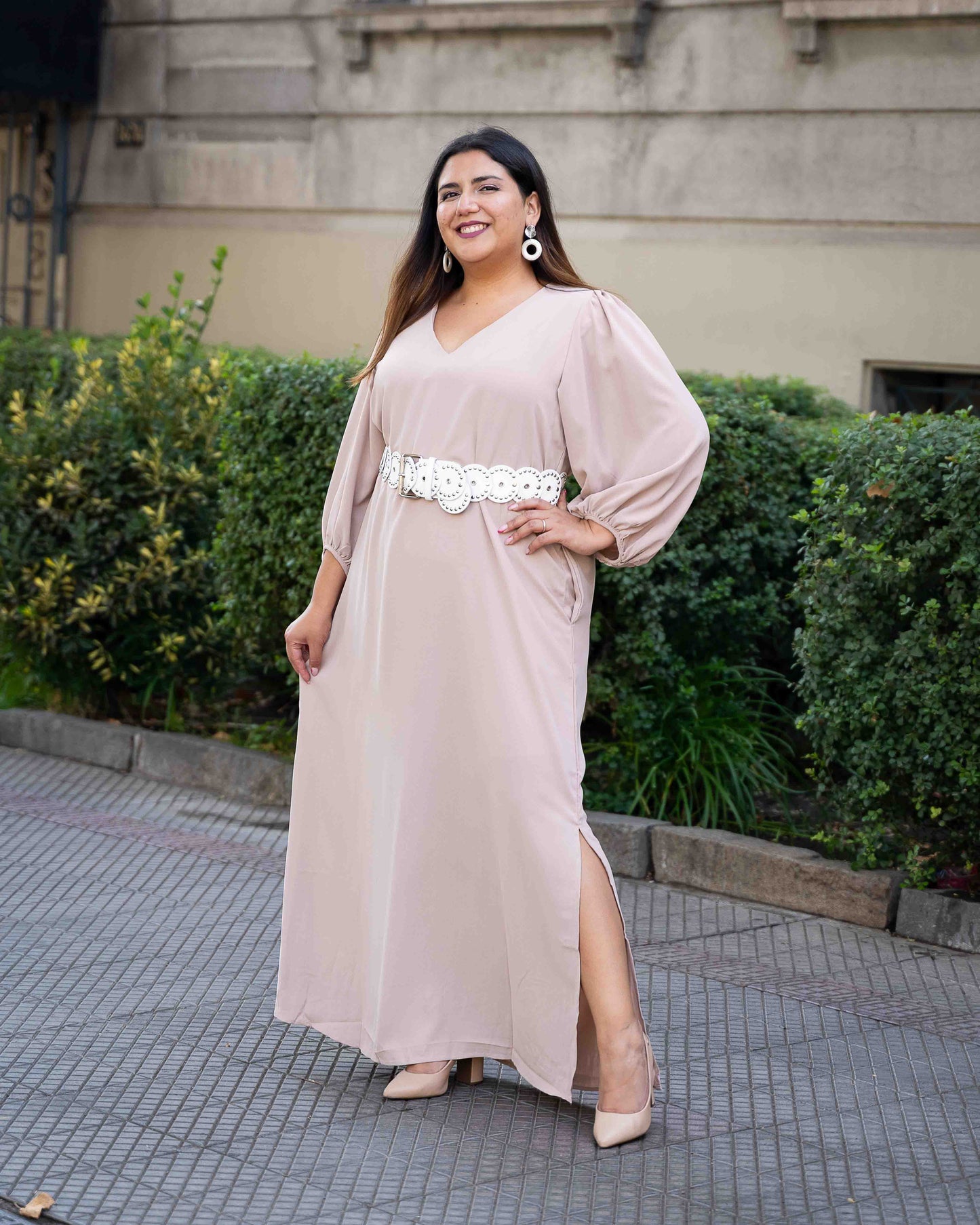 Maxivestido Manga Globo Beige