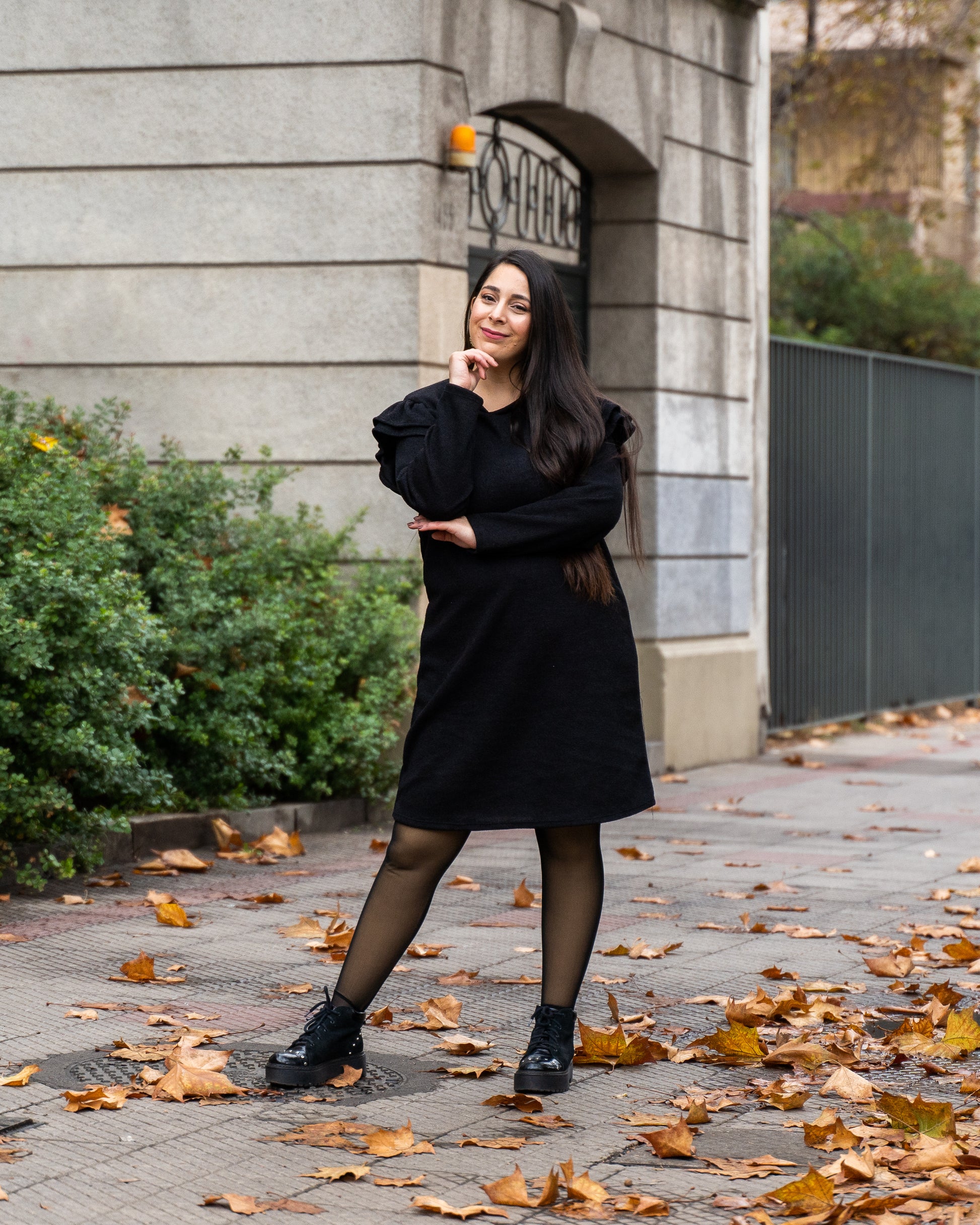 Vestido Lanilla Manga Vuelos Negro