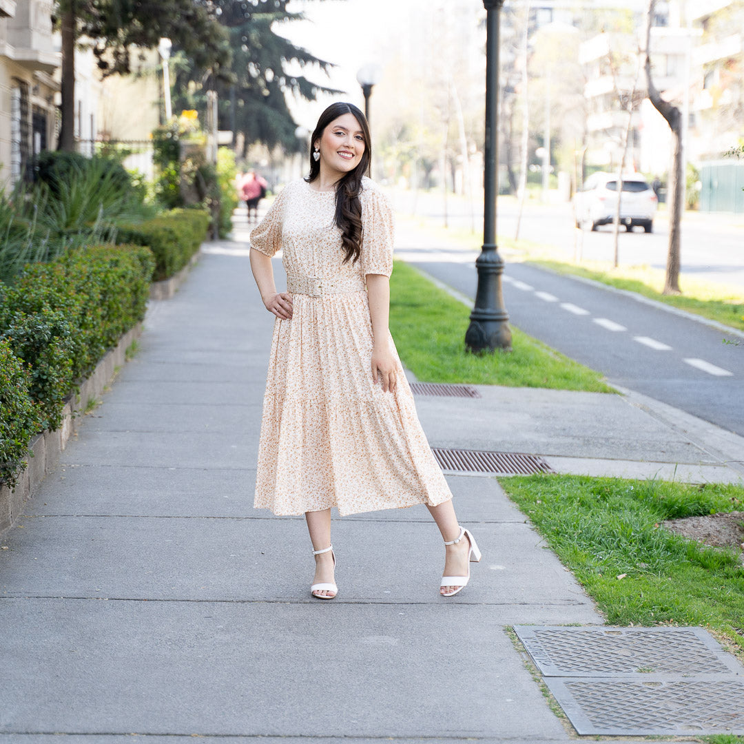 Vestido Bra Beige Flores Cinturon