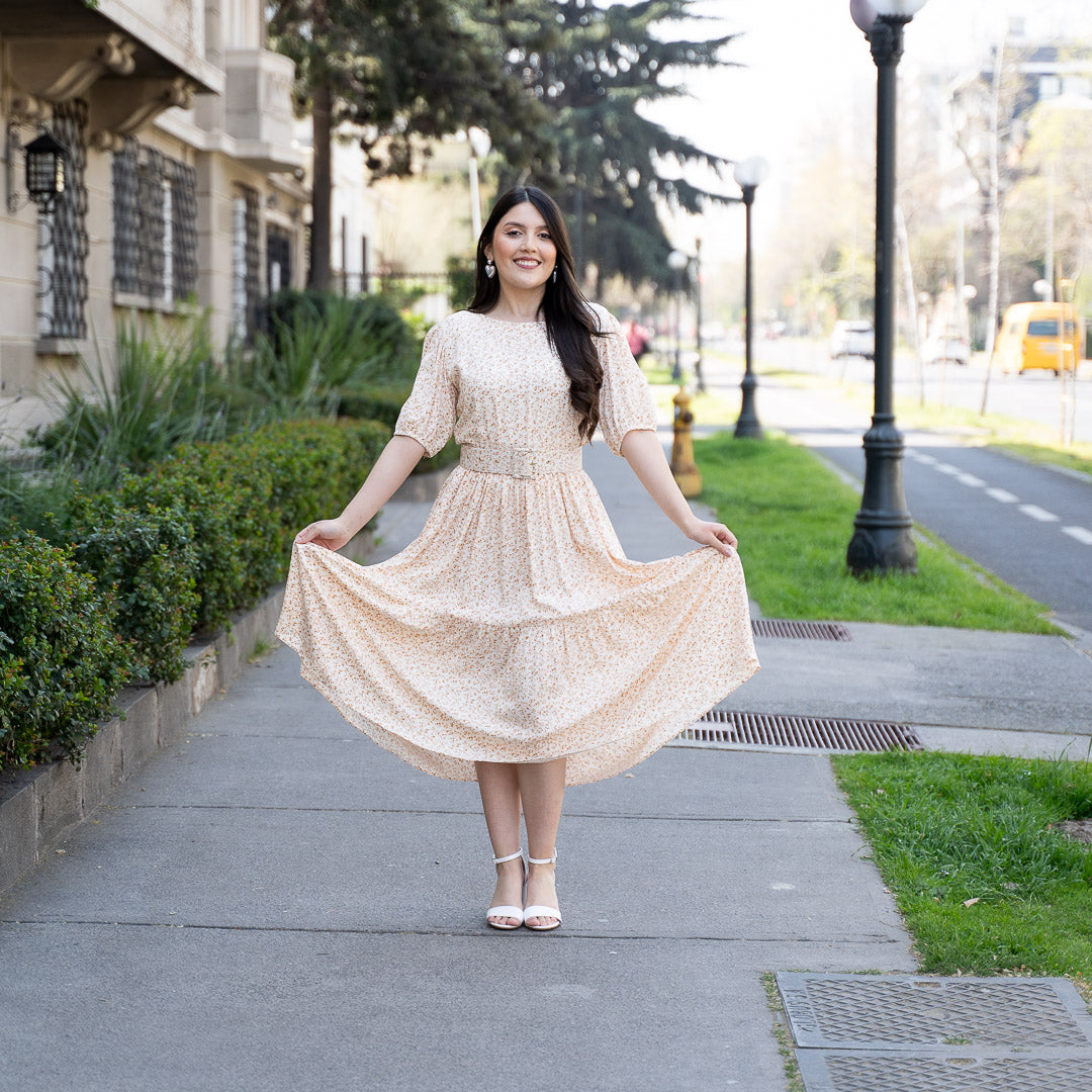 Vestido Bra Beige Flores Cinturon