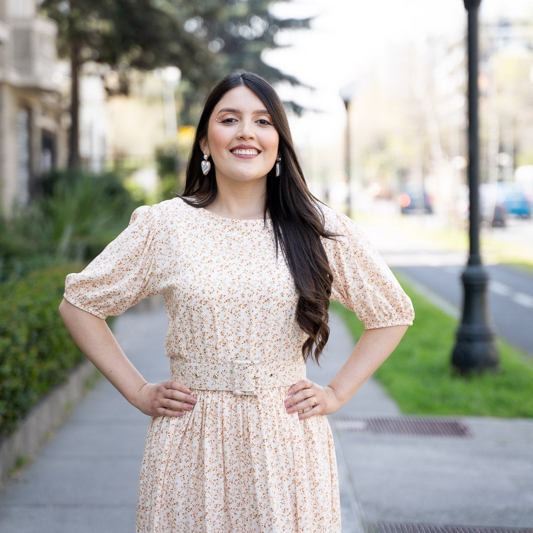 Vestido Bra Beige Flores Cinturon