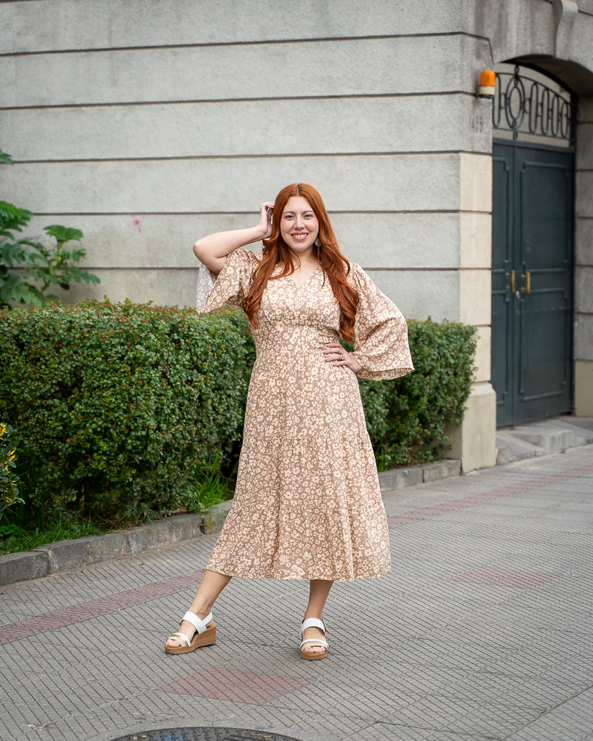 Vestido Bra3 Manga 3/4 Flores Nude