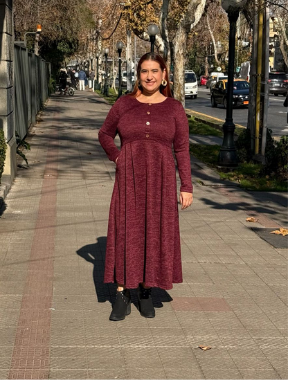 Maxivestido Lanilla Botones Burdeo