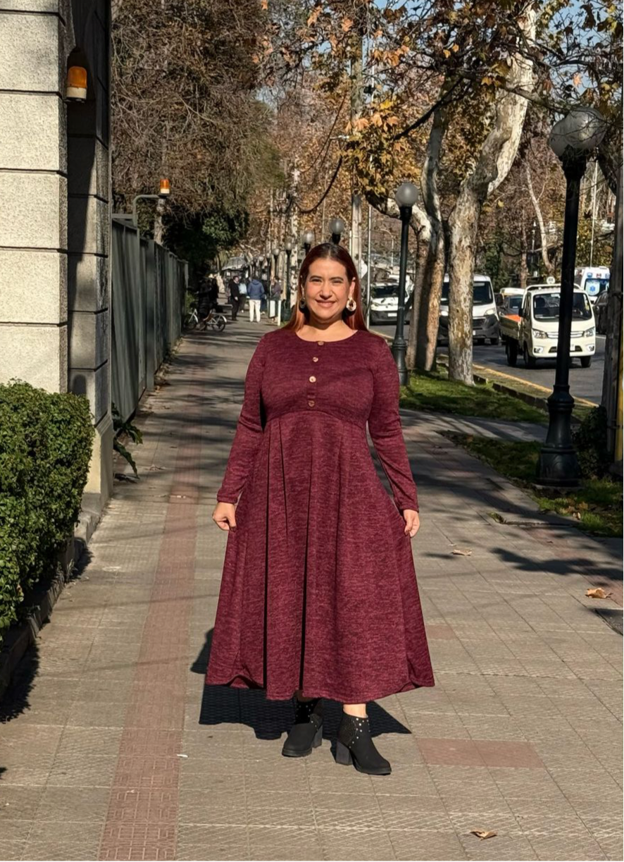 Maxivestido Lanilla Botones Burdeo