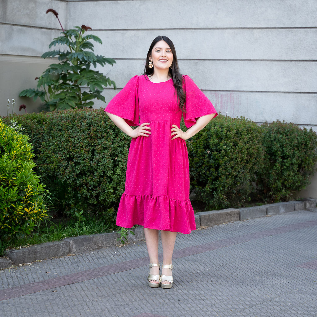 Vestido Plumeti Manga Corta Fucsia