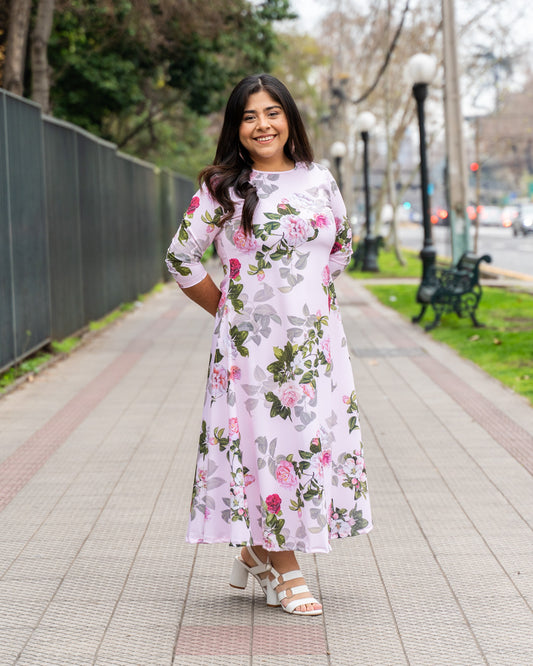 Vestido Godet Flores Rosadas